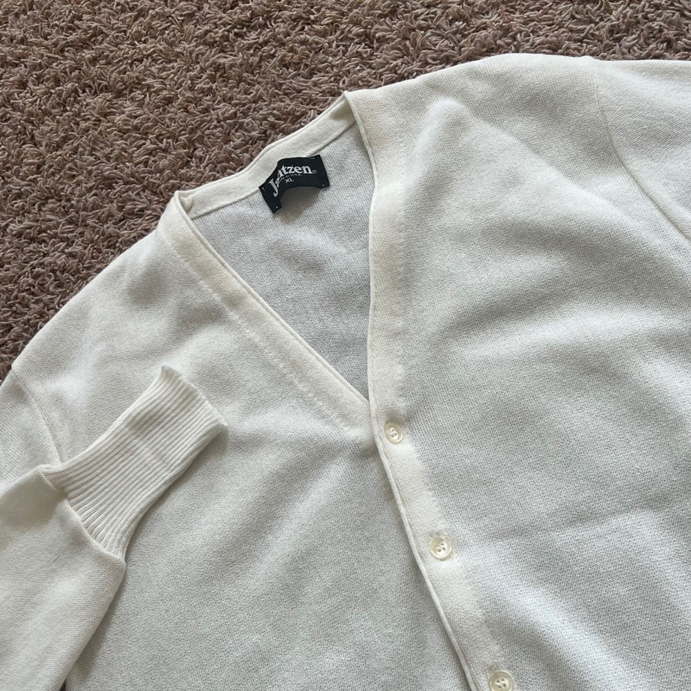 Vintage Jantzen White Cardigan Sweater Mens XL Made in USA V-Neck Knit Button Up